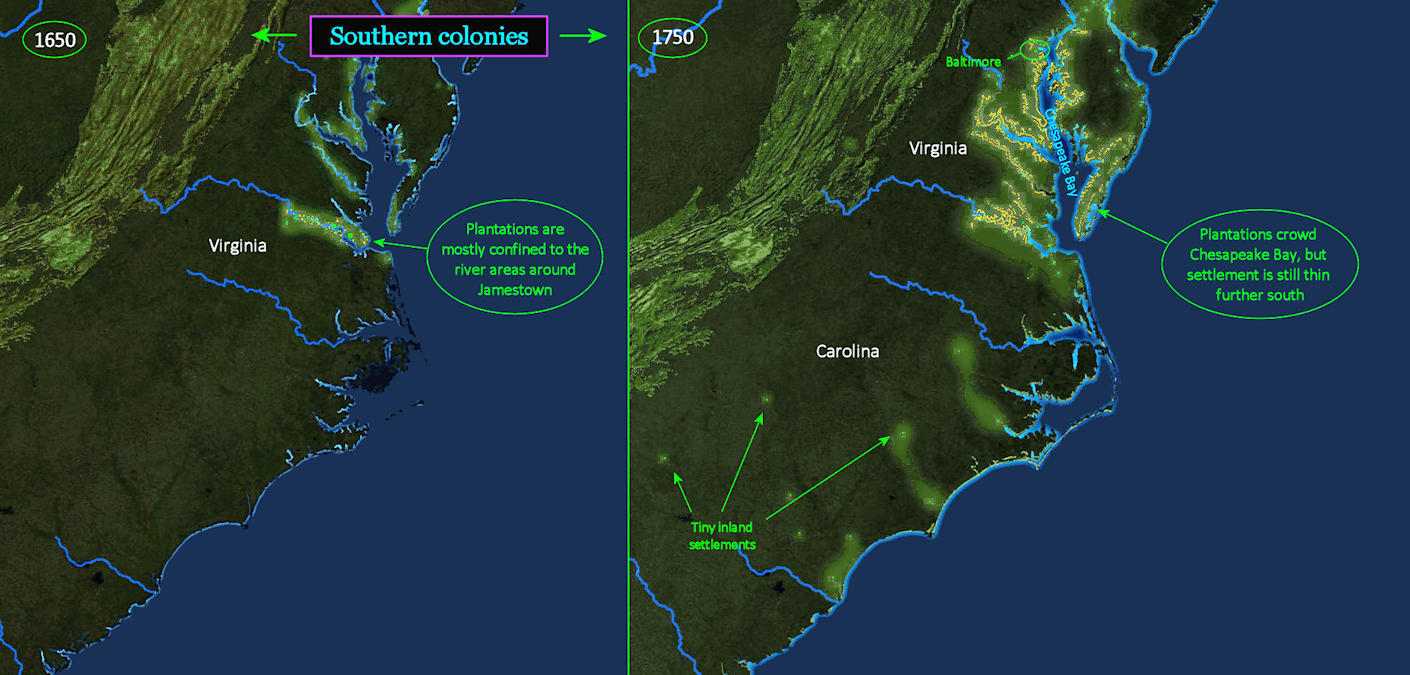 Southern growth, 1650-1750 map